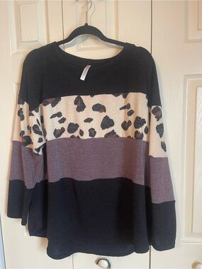 Emerald Black Cream Purple Colorblock Leopard Stripe Pullover